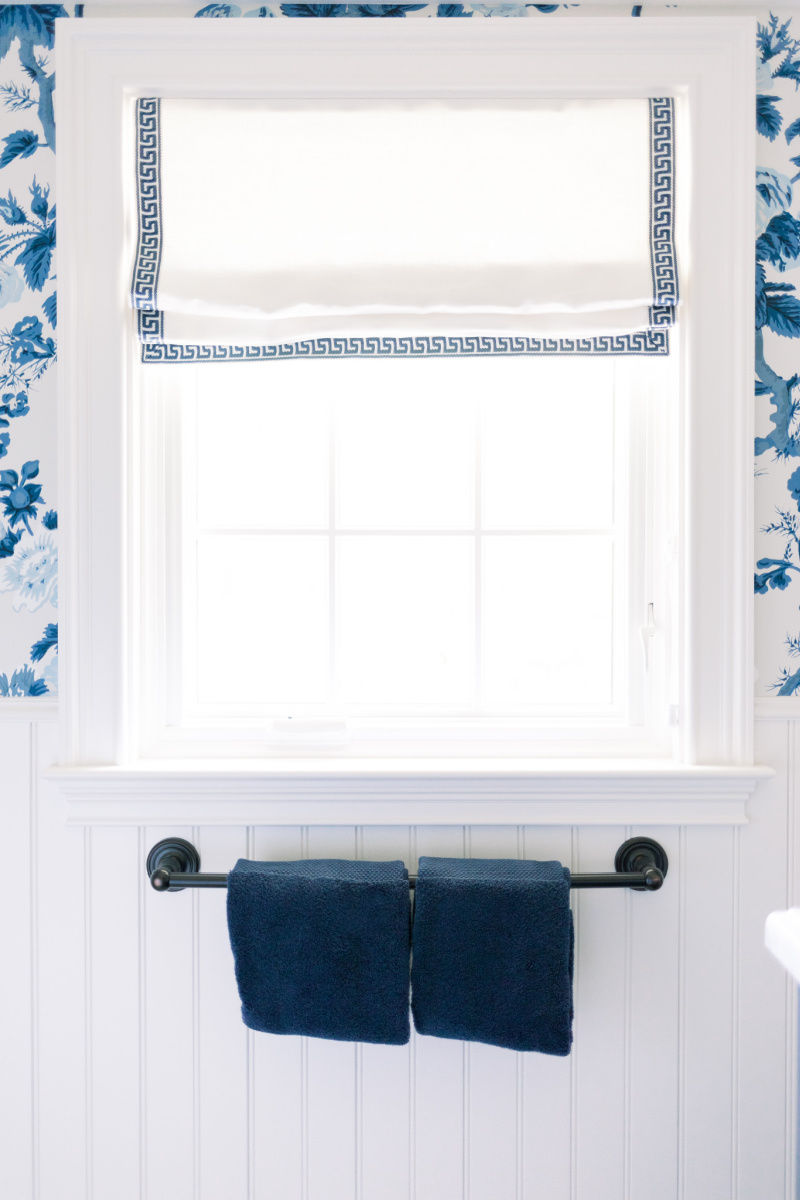 Blue and White Bathroom Roman Shade