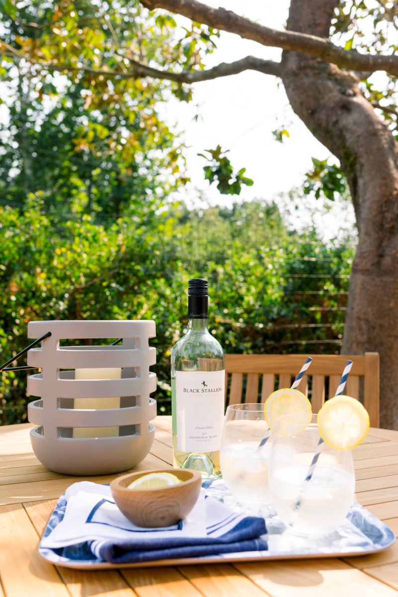 White Wine Spritzers Outdoors on Blue and White Floral Tray
