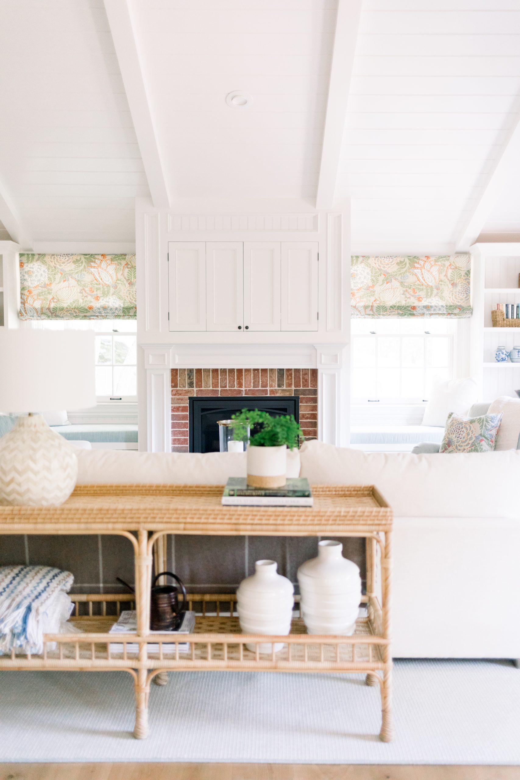 Family room console table and fire place