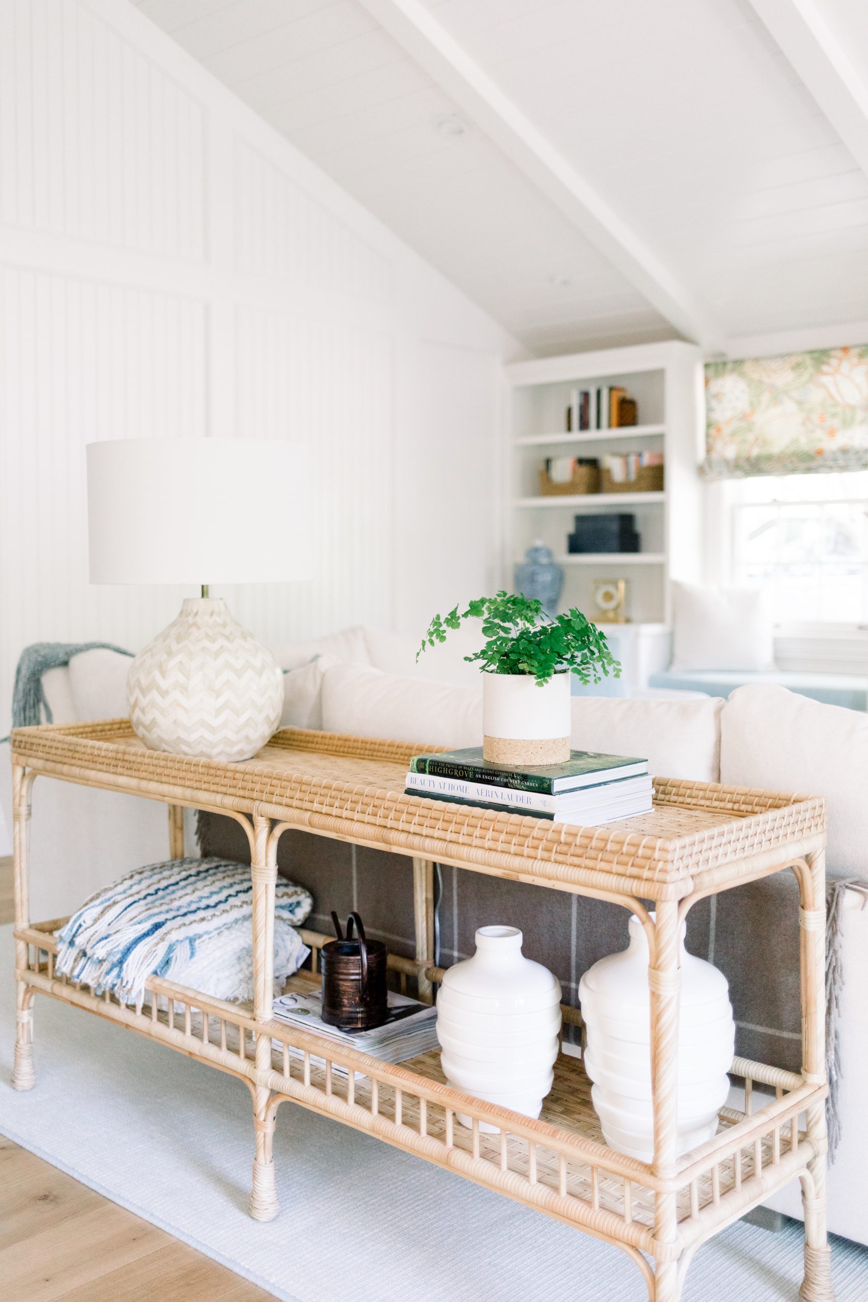 Family room console table and built in shelves