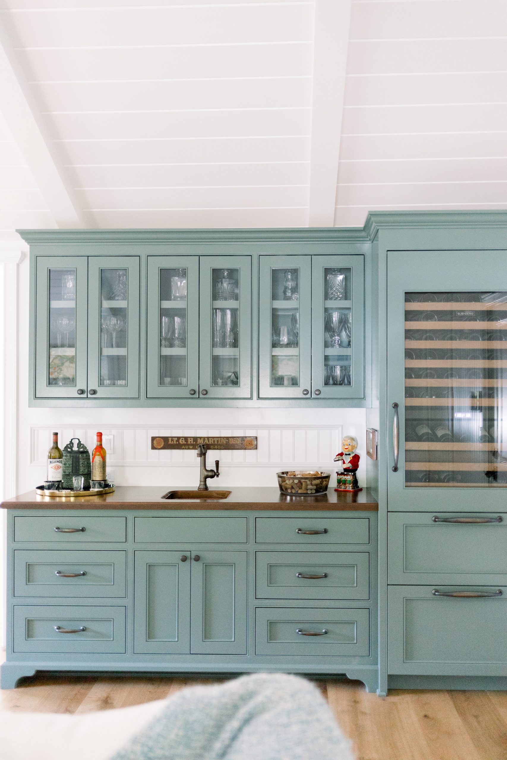 Beverage Bar with green cabinetry