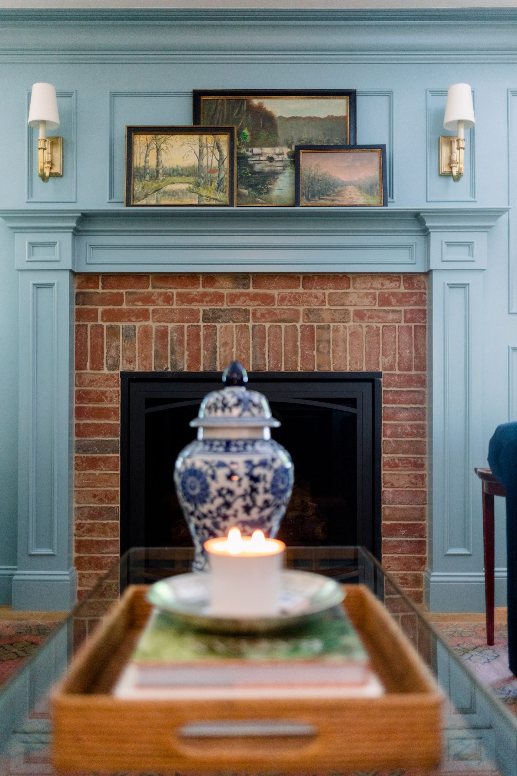 Home Library fireplace and coffee table