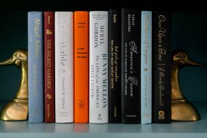 Books on shelf and duck bookends