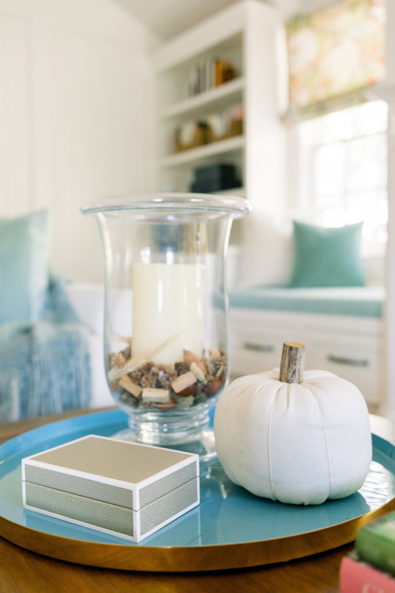 Coffee table fall vignette and window seat