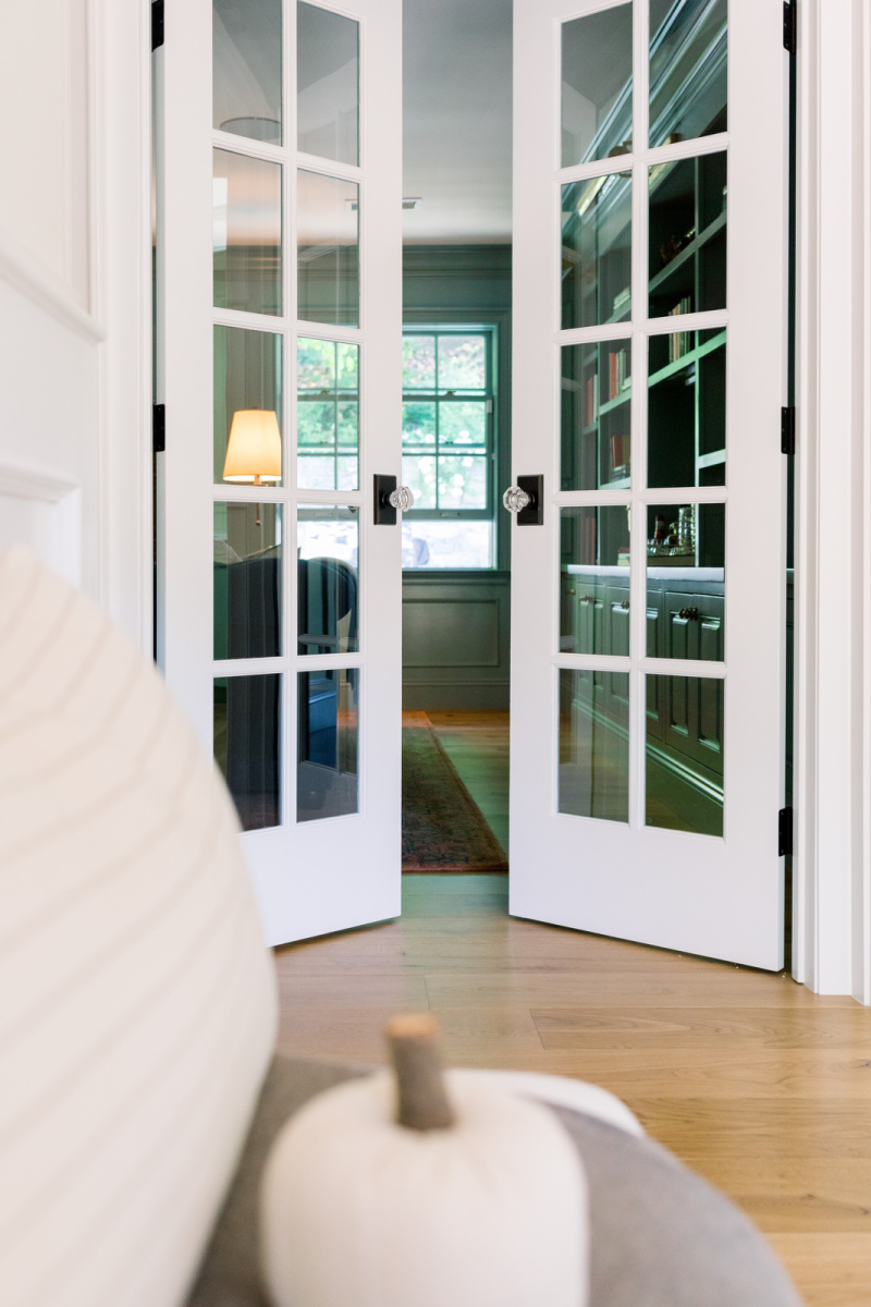 Foyer bench looking into library