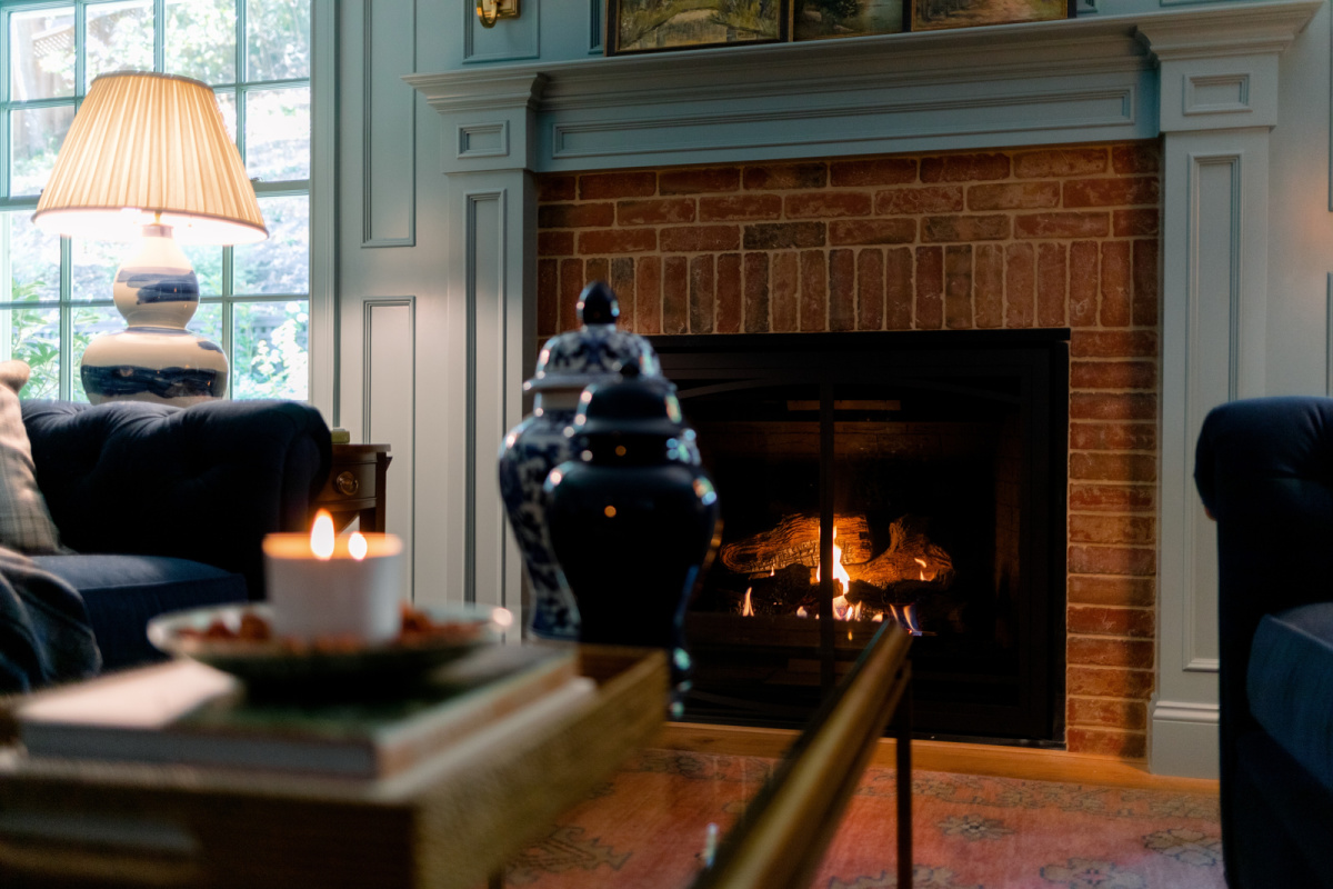 Coffee table and fireplace
