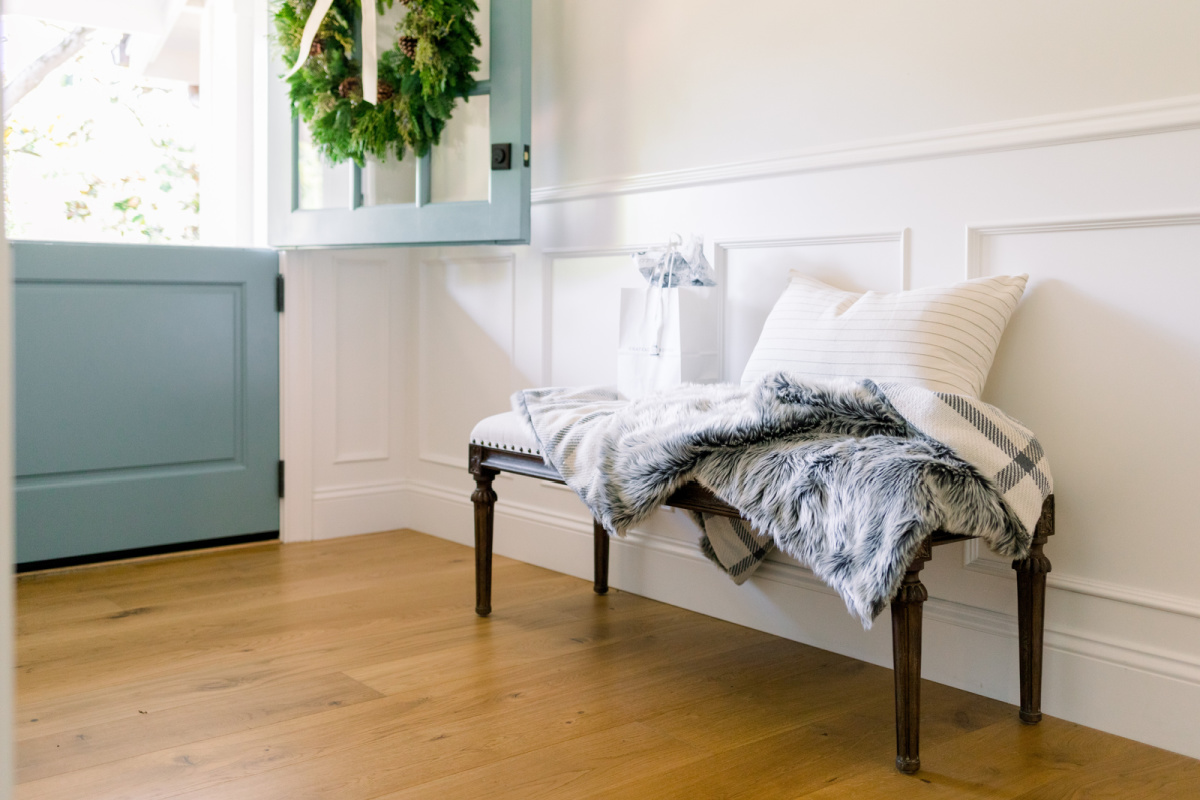 Foyer bench decorated for Christmas