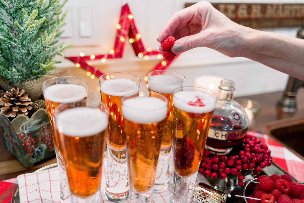 Glasses of Raspberry Kir Royale on bar