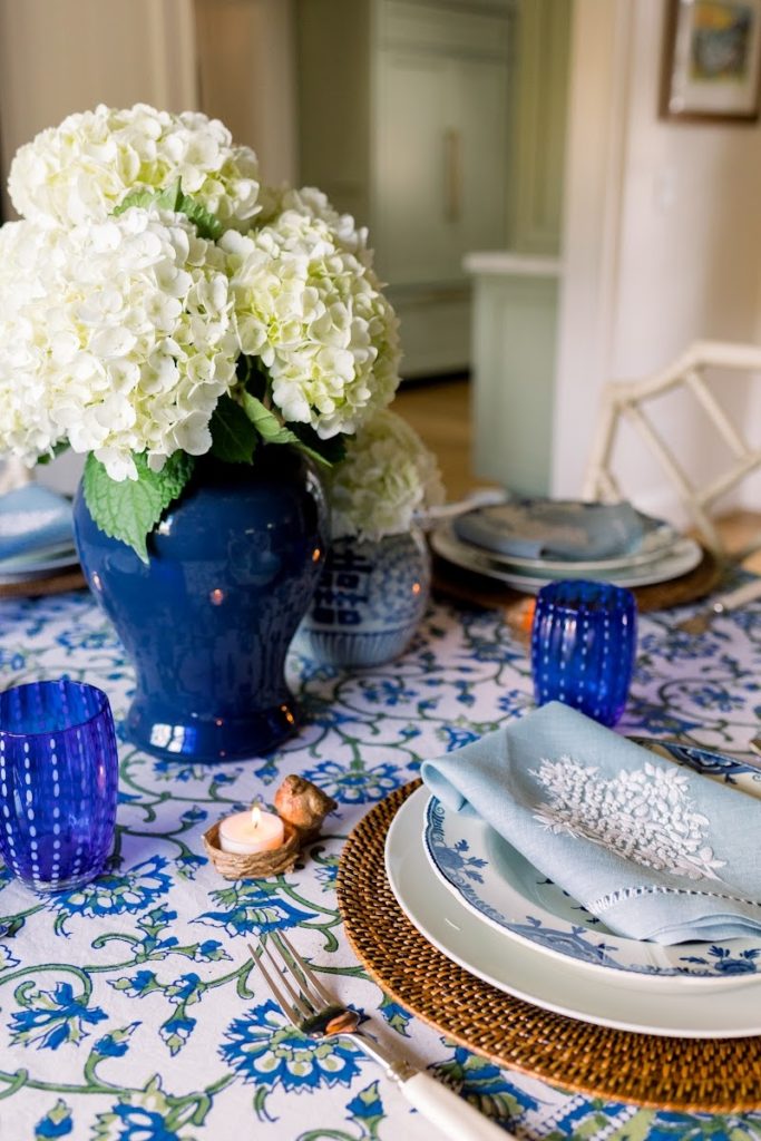 Blue and white table setting