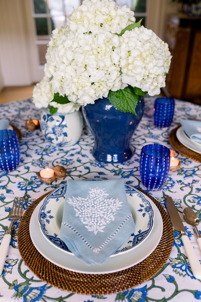 Blue and white table setting