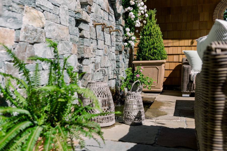 Outdoor patio stone wall and water feature