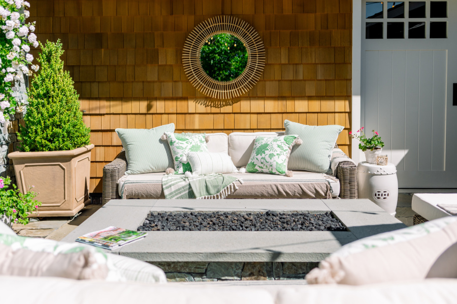 RH Provence Sofa on patio seating area with fire table