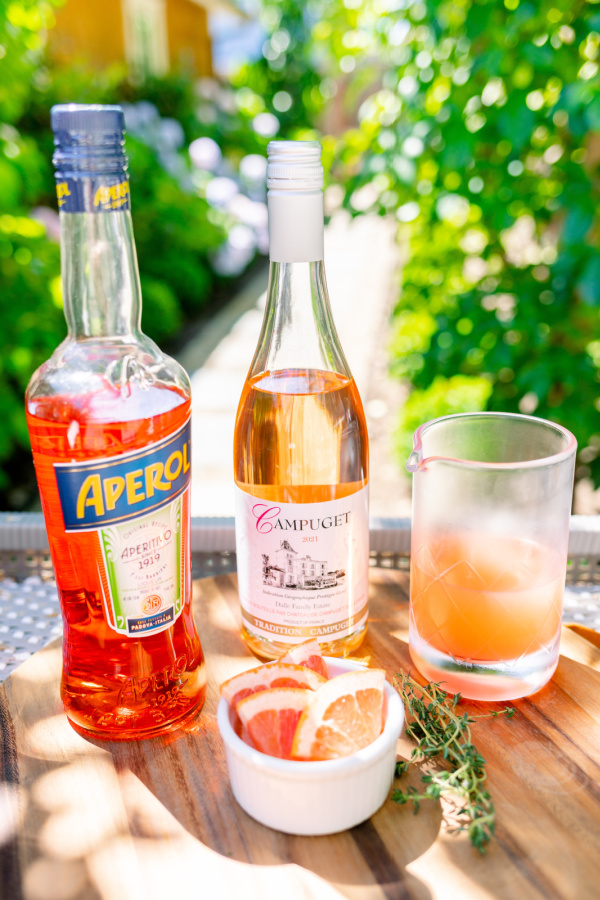 Tray of drink ingredients Grapefruit Aperol Spritz