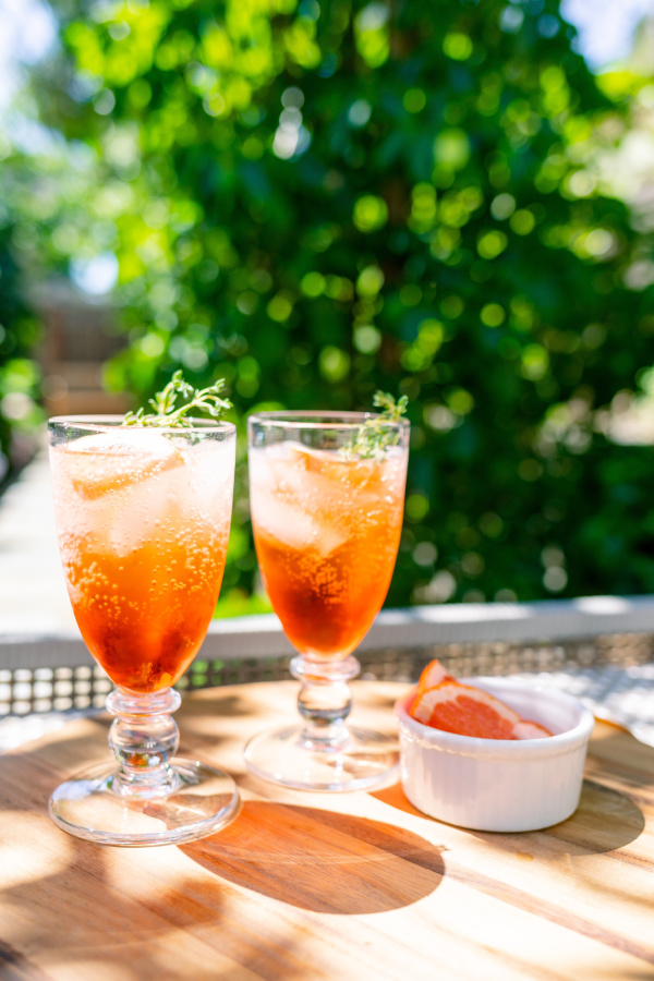 Grapefruit Aperol Spritz in garden