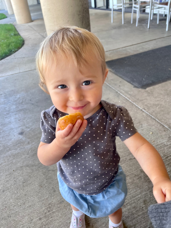 Toddler eating donut hole.