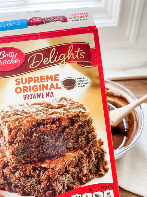 Brownie box mix over batter bowl.