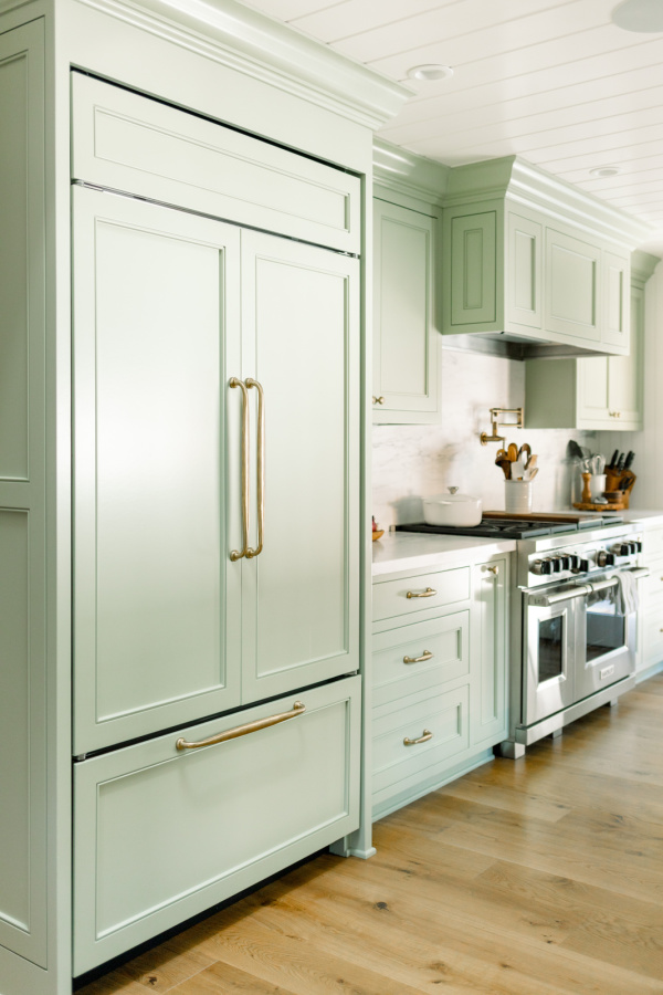 Green galley kitchen painted Farrow & Ball Vert de Terre.