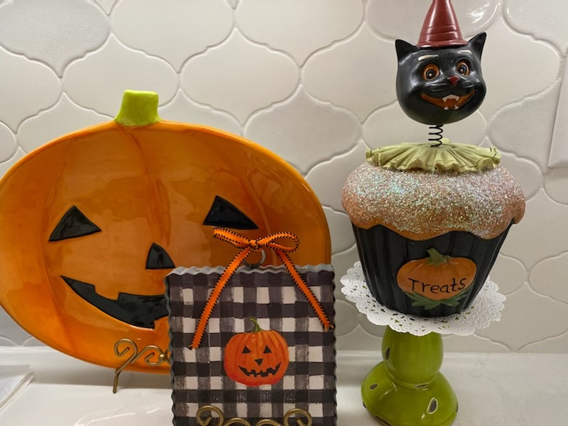 Halloween vignette on kitchen counter.