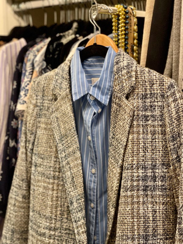 Striped blue shirt with plaid blazer.