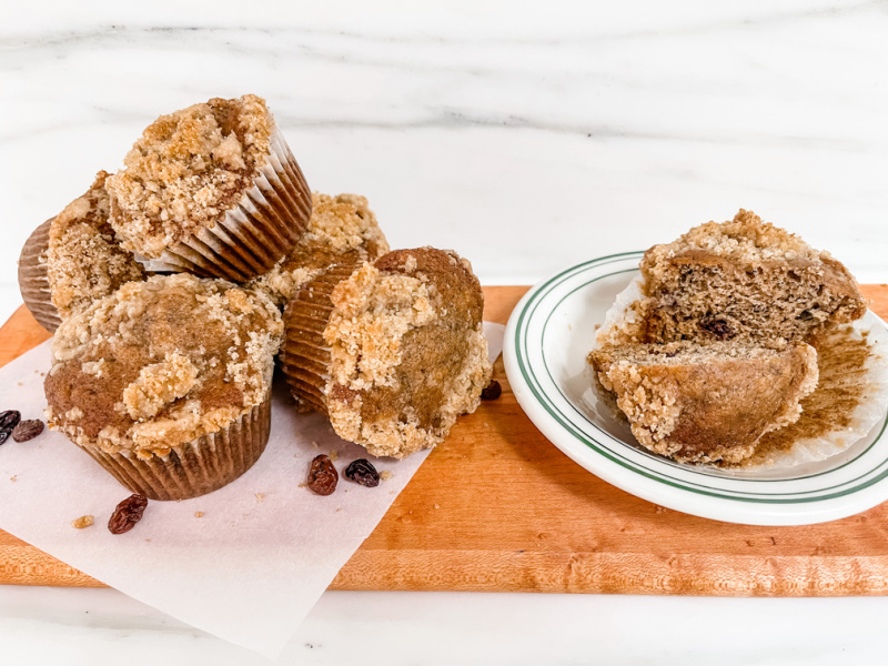 Banana Streusel Muffins on a board.