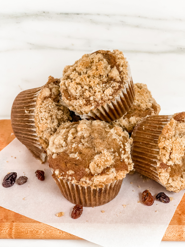 Banana Streusel Muffins on a board.