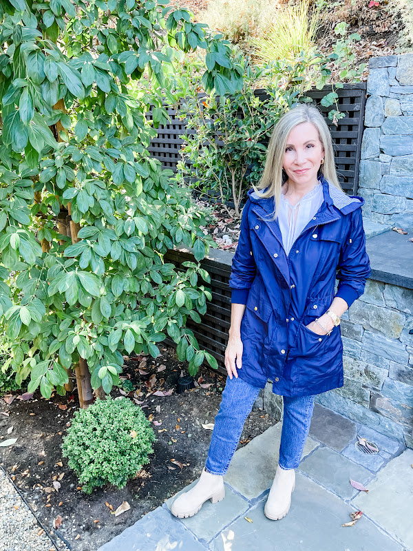 woman in garden wearing blue windbreaker from Amazon.