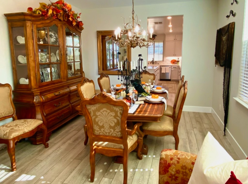 dining room decorated for Halloween.