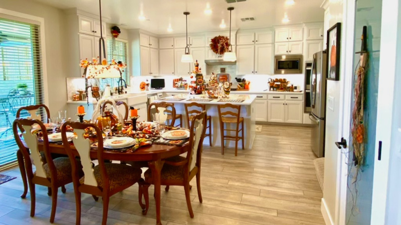 Kitchen area decorated for Halloween.