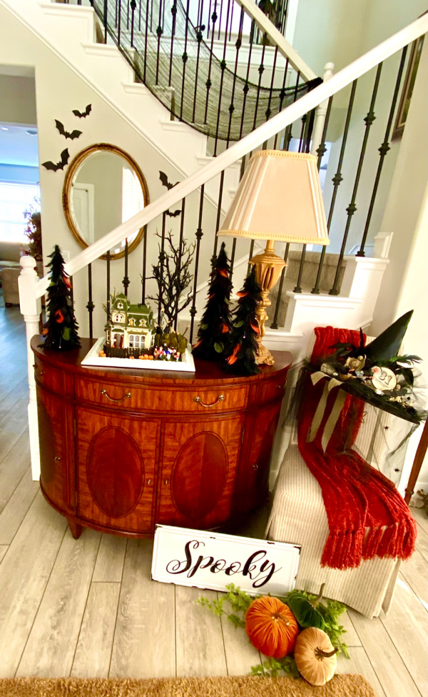 Foyer decorated for Halloween.