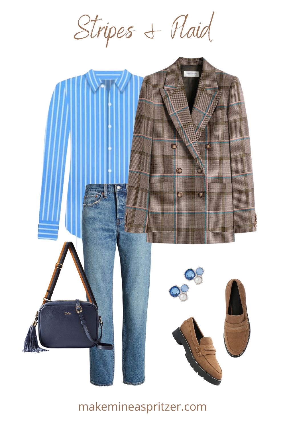 Striped shirt and plaid jacked outfit collage.