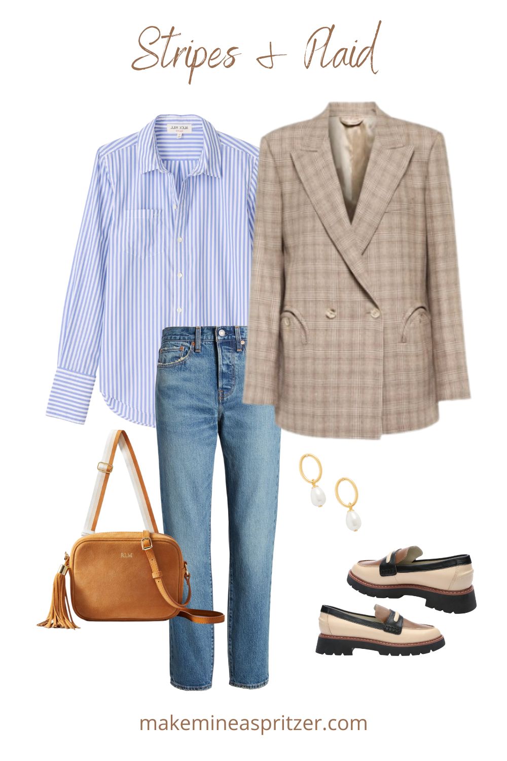 Striped shirt and plaid jacked outfit collage.