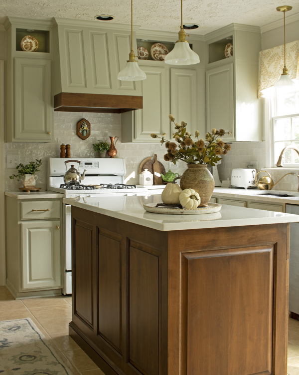 Erin Evolving kitchen with green cabinets Benjamin Moore Vale Mist.