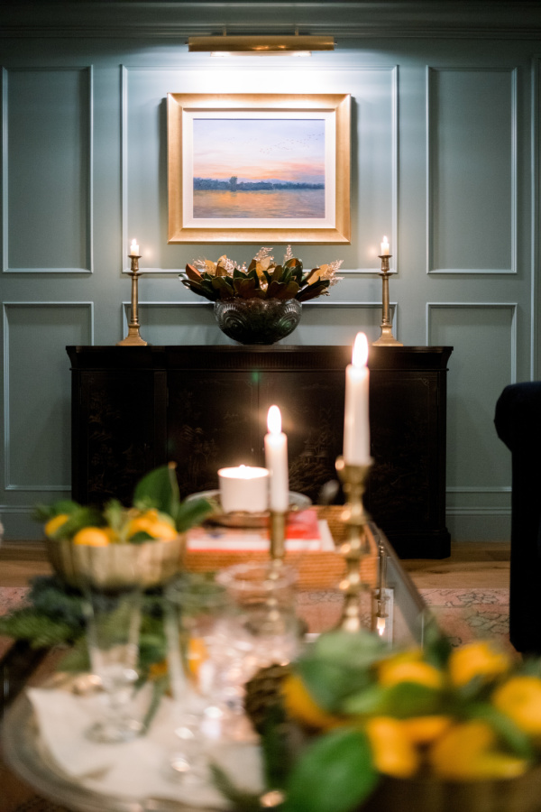 Home library room decorated for Christmas.