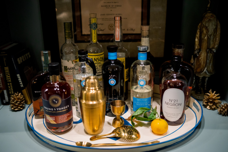 Home library bar area decked out for Christmas.