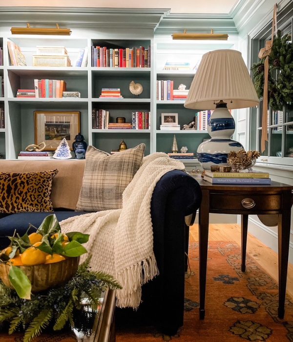 Home library room decorated for Christmas.