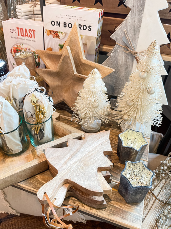 Christmas tree cheese board and Christmas decorations.
