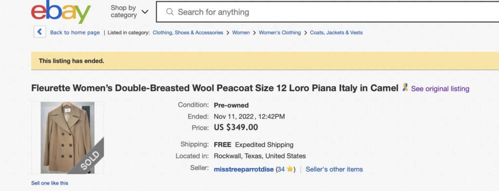 eBay listing for camel coat.