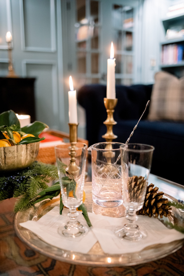 Tray of glasses on coffee table.
