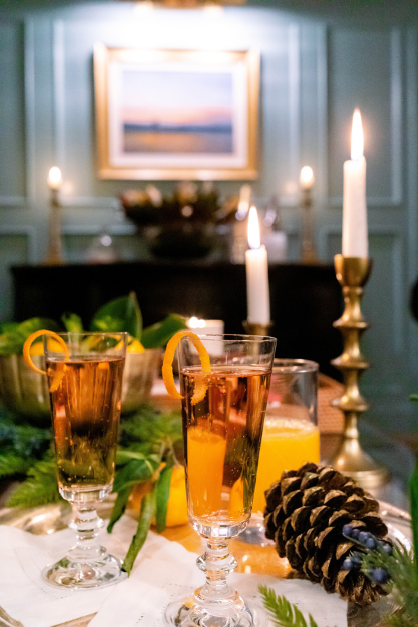 Glasses of champagne with bar in the background.