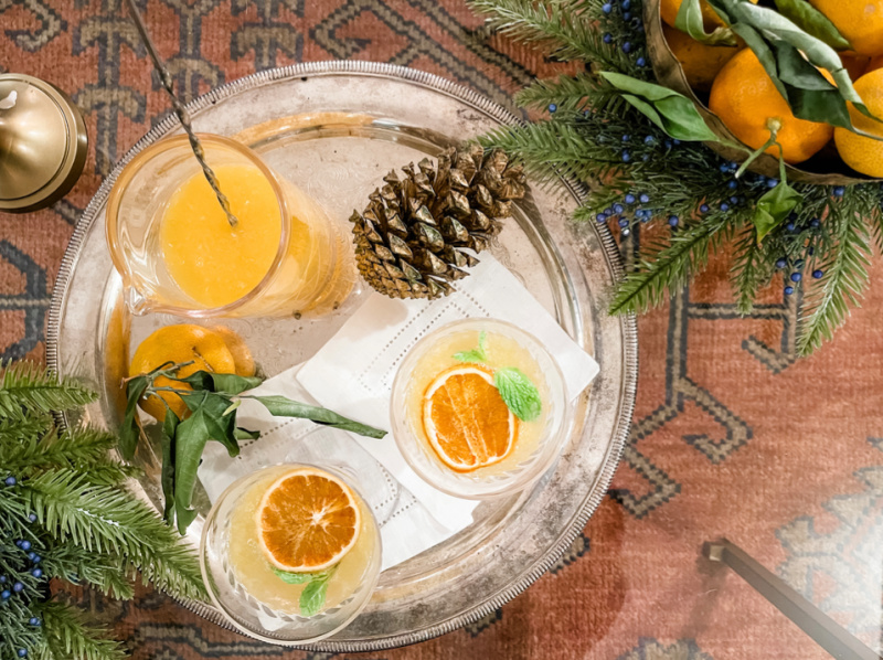 Cara Cara Orange Winter Spritz on silver tray.