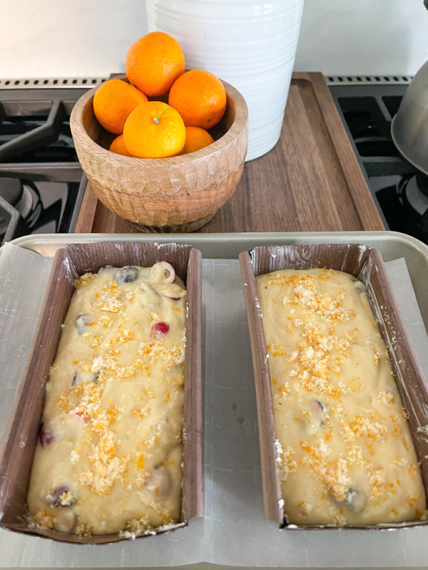 Cranberry orange bread about to go into oven.