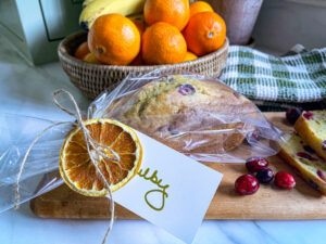Orange Cranberry Bread wrapped as a gift.