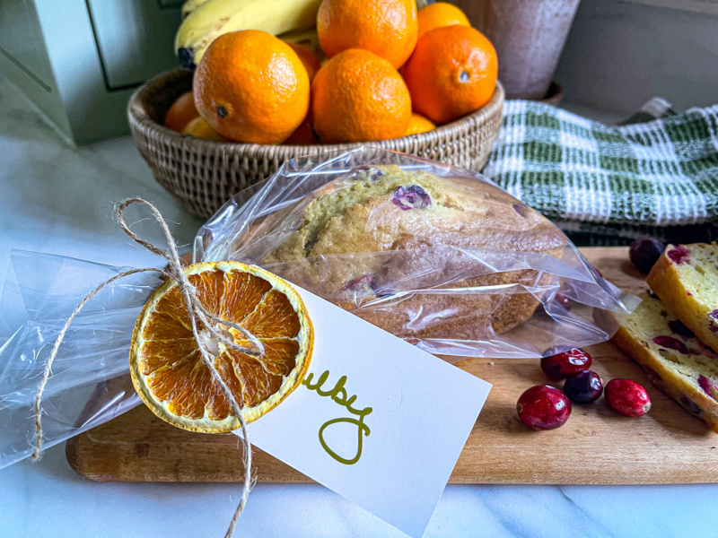 Orange Cranberry Bread wrapped as a gift.