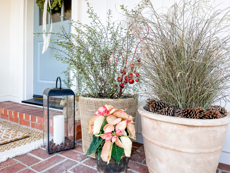 Front porch decorated for the holidays.