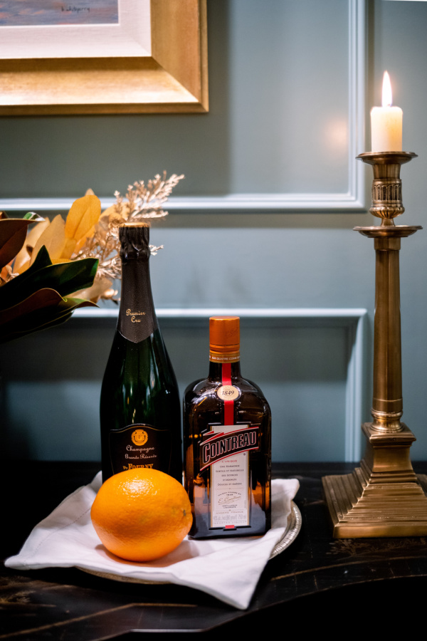 Drink ingredients on bar tray.