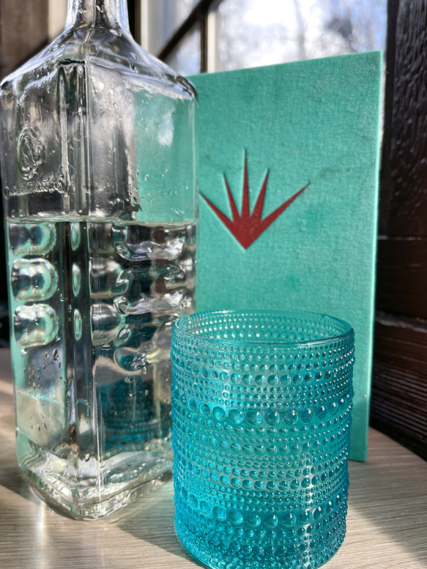 Bar Camino water glass and menu on table.