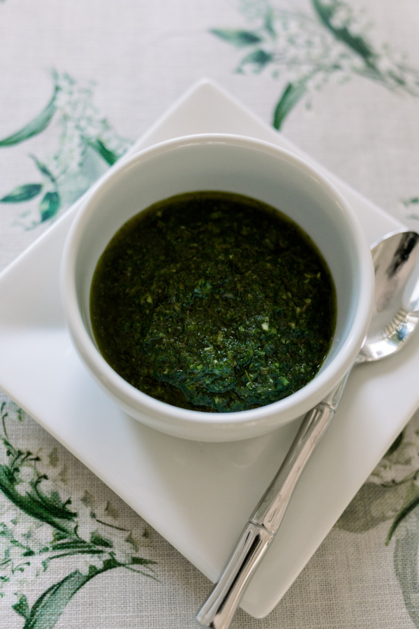Salsa verde in a small bowl.