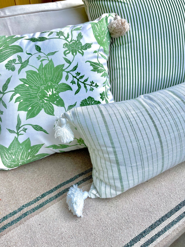 Serena & Lily green outdoor pillows.