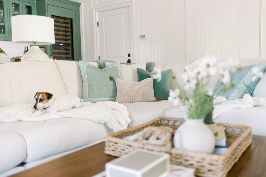 Family room sectional and coffee table.