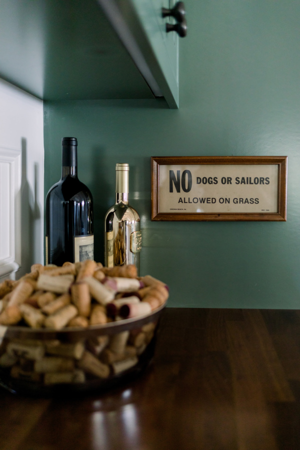 Wet bar with bowl of corks.